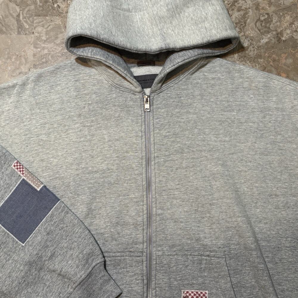 Abercrombie & Fitch Hoodie Mens Large Tall LT Grey Full Sip Patchwork Distress